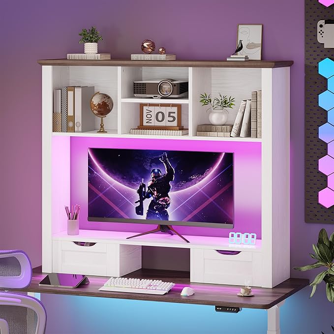 Desktop Bookshelf with Computer Monitor Stand, 37.4''W Desk Shelf Display Rack, Desktop Organizer Storage Rack with 4 Cubbies and 2 Drawers, 5-Tier Desk Hutch for Home, Office, Dorm, Vanity