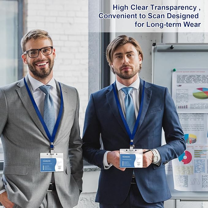 100 Pcs Lanyards for ID Badges and 100 Pcs Clear Name Tag Holders Reusable Lanyard with Clip Plastic ID Card Badge Holder Name Badges for Adults Kids Business School Office Supplies (Dark Blue)