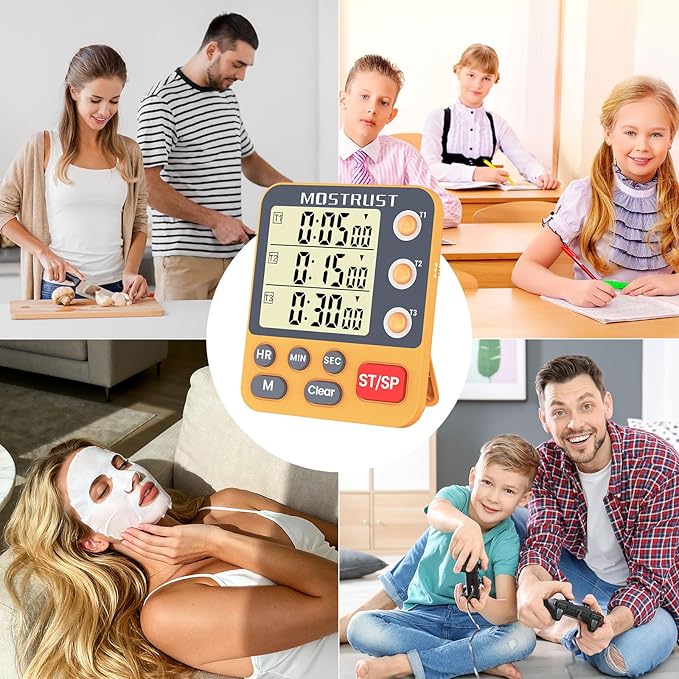 Digital Dual Kitchen Timer, 3 Channels Countdown Triple Timer for Cooking, Magnetic Memory-Preset Large Display Adjustable Alarm Volume, Multi Times Management, 3A Battery Included, Orange