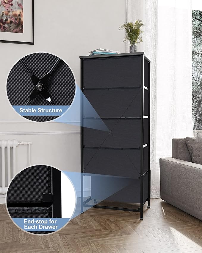 Crestlive Products Vertical Dresser Storage Tower - Sturdy Steel Frame, Wood Top, Easy Pull Fabric Bins - Organizer Unit for Bedroom, Hallway, Entryway, Closets - 5 Drawers(Black)