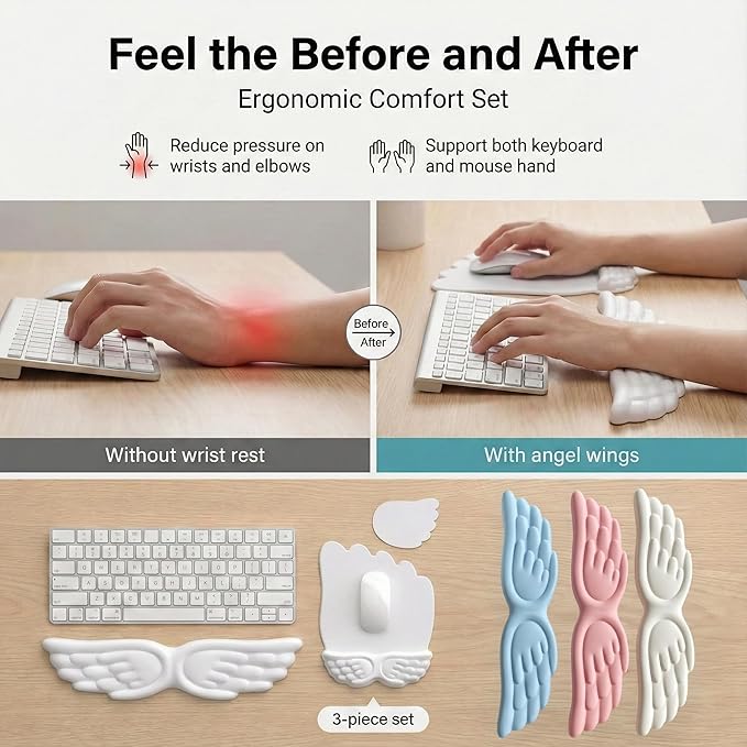 Angel Wing Keyboard Wrist Rest Set, 3 Piece Cloud Wrist Rest for Computer Keyboard with Mouse Wrist Rest and Coaster, PU Leather Memory Foam Wrist Support for Office, Home and Gaming (Grey - A)