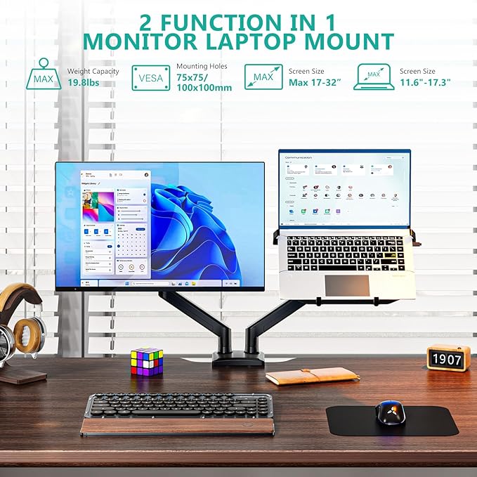 WALI Laptop Mount for Desk, Monitor Arm Mount for 17"-32”Computer Screen and 11.6" - 17.3" Notebook,Dual Monitor Mount Holds up to 19.8lbs, Laptop Tray Stand with Gas Spring Arm (GSMP002LP), Black