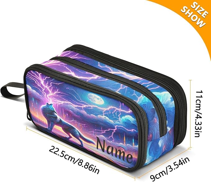 Custom Wolf Howling Moon Lightning Pencil Case Box Boys Girls Personalized Name Large Pencil Pouch Stationery Pen Bag Organizer for Kids Adults School Office