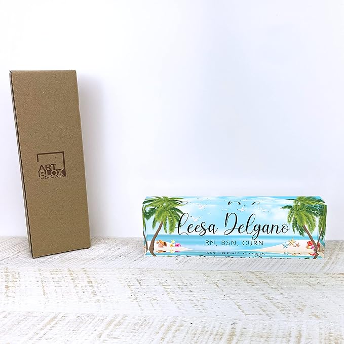 Artblox Office Desk Name Plate Personalized | Custom Name Plates for Desks | Sea Beach Design On Clear Acrylic Glass | Office Desk Decor - (8" x 2.5")