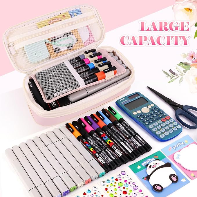 Preppy Pencil Case for Girls, Cute Large Pencil Pouch, Personalized Initial Pencil Bag with Zipper for School College Office Supplies, Back to School Supplies Gifts for Teen Girls (E, Pink)