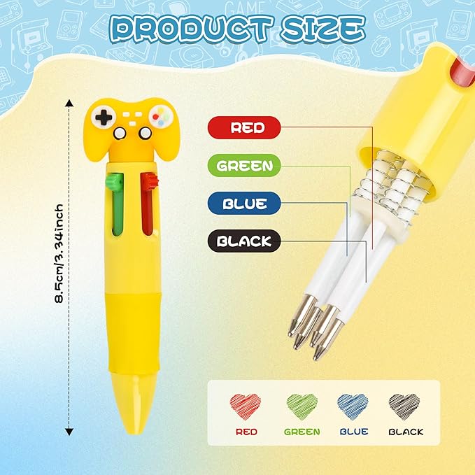 LiYiQ 100 Pcs Video Game Colorful Multicolor Pen in One Cartoon Cute Fun 4-in-1 Cute Pens Bulk Kawaii Game Handle Level Up Games Console Shape Cool Ballpoint Pens for Kids Fun Gifts