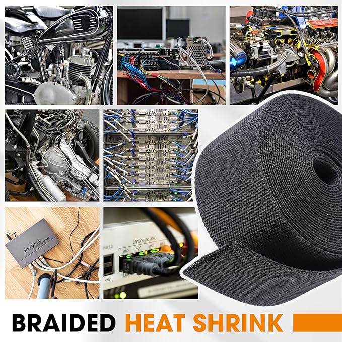 Black 2:1 Ratio Automotive Heat Shrink Braided Sleeving,Wear-Resistant Flat Woven Shrinkable Sleeve Fabric Car Cable Wires Hoses Protection (1"-66ft)