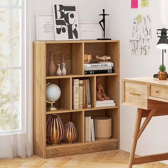 Tangkula 7-Cube Bookshelf, 41” Floor Bookcase with 2 Anti-Tipping Kits, Freestanding Storage Organizer, 4-Tier Display Shelf for Home, Office & Dorms, Natural/White (Natural, 7-Cube)