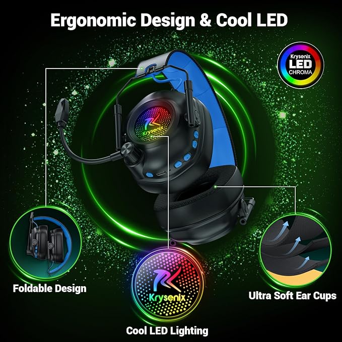 Krysenix Wireless Gaming Headset with Noise Canceling Microphone for PC, PS5, PS4, Switch, Mac, 2.4 GHz Wireless & Bluetooth 5.4 Gaming Headphones, Cool RGB Lighting, 50Hr Battery, 50mm Drivers(Blue)