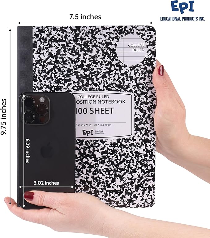 EPI 12 Pack College Ruled Composition Notebook Black - 200 Pages (100 Sheets), 9-3/4 x 7-½ - Classroom Back to School Supplies, Heavy Duty, Durable Hardcover Office Notebooks, Sewn