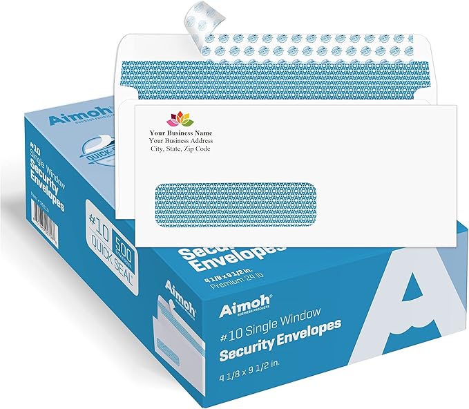 Aimoh #10 Custom Printed Single Left Window Self Seal Security Envelopes, Text and Logo Customization, Security Tinted, 4-1/8 x 9-1/2 Inches, 24 LB, 1000 Count (7-35210-1000)
