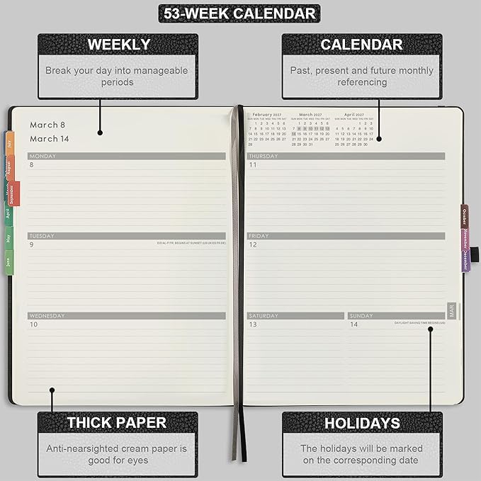 Planner 2026-2027 - Jul 2026 - Jun 2027, Planner Weekly and Monthly, Calendar Planner 2026-2027, 8.5" x 11", Leather Cover Planner with Thick Paper, Back Pocket with Notes Pages, Black