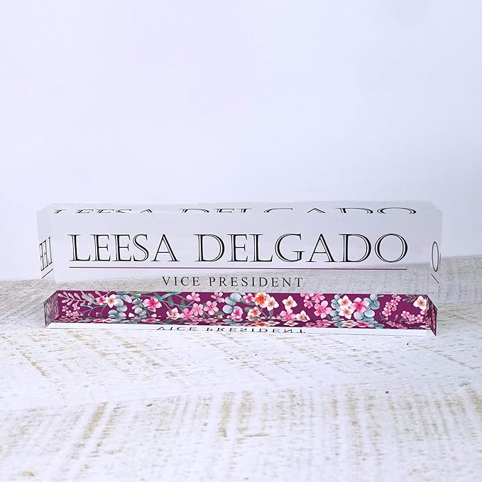 Artblox Personalized Name Plate for Desk | Wild Flowers Design On Clear Acrylic Glass | Custom Desk Name Plate Personalized with Your Name and Credentials for Teacher Phd Military Office Name Plate