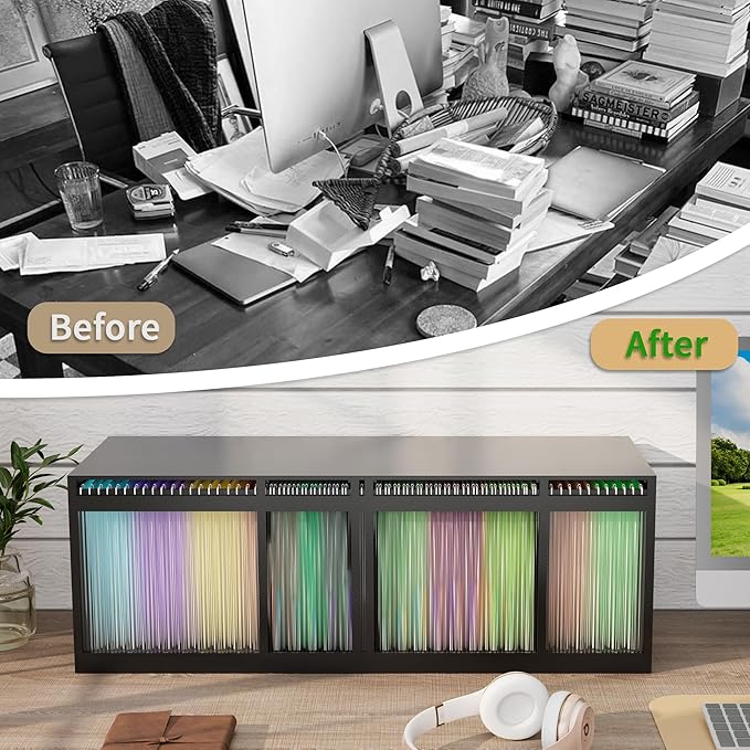 Bamboo Hanging File Boxes with Lids 2 Pack, File Organizer Box for Letter/Legal File, File Box with Hanging Folders Acrylic Light Easy Assembly File Storage Boxes for Home Office, Black