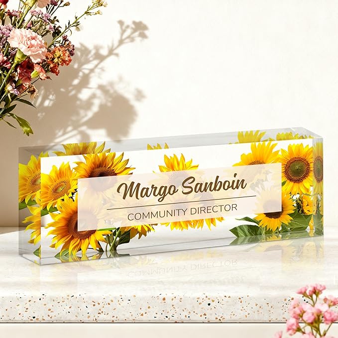 Ship Next Day-Custom Name Plate for Desk, Desk Name Plate Personalized, Acrylic Office Desk Accessories, Appreciation Gifts for Coworkers Employee Teachers Boss Women Men (Sunflower)