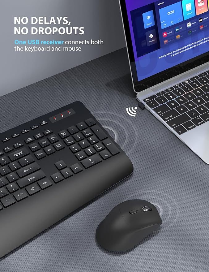 Wireless Keyboard and Mouse Combo - Full-Sized Ergonomic Design with Cushioned Wrist Rest, Built-in Phone Stand, Quiet 2.4GHz USB Connectivity for PC, Laptop - Trueque (Black, 2 Pack)