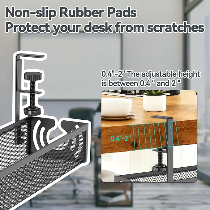 Cable Management, 25.3'' Under Desk Cable Management Tray No Drill, Metal Cable Organizer with Clamp for Wire Management, Cord Organizer for Home Office, Desk Accessories Organizer, Black