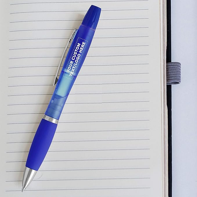 DISCOUNT PROMOS Personalized Two in one Highlighter Pens - 100 pack - Plastic Pens - Customizable Text, Logo - Blue