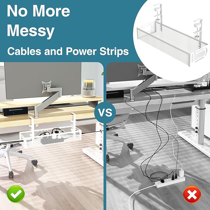 No Drill Under Desk Cable Management Tray, SONATURE 15.7" Cord Organizer for Table, Clamp Mount Desk Cable Management, Premium Carbon Steel Cable Organizer for Office, Home (White)