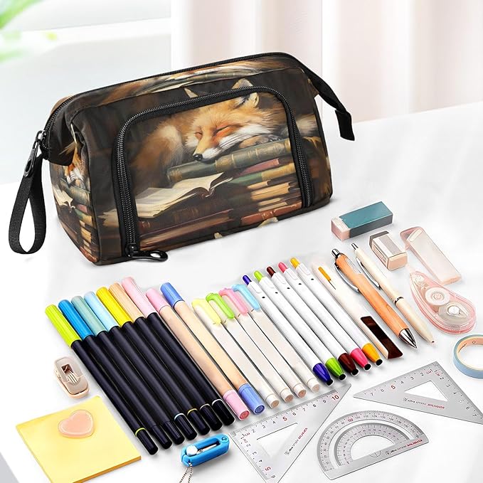 Fox Cartoon Pencil Case Pouch Big Capacity Pencil Bag Box Organizer Pen Case with Handle Stationery Organizer for Girls Boys Women Kids Adults School