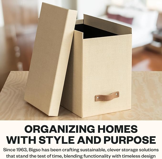 Bigso John File Box - File Storage Box and File Organizer for Important Paperwork - Durable Hanging File Box with Lid and Leather Handle - 7.36 in x 13.26 in x 10.51 in - Cream