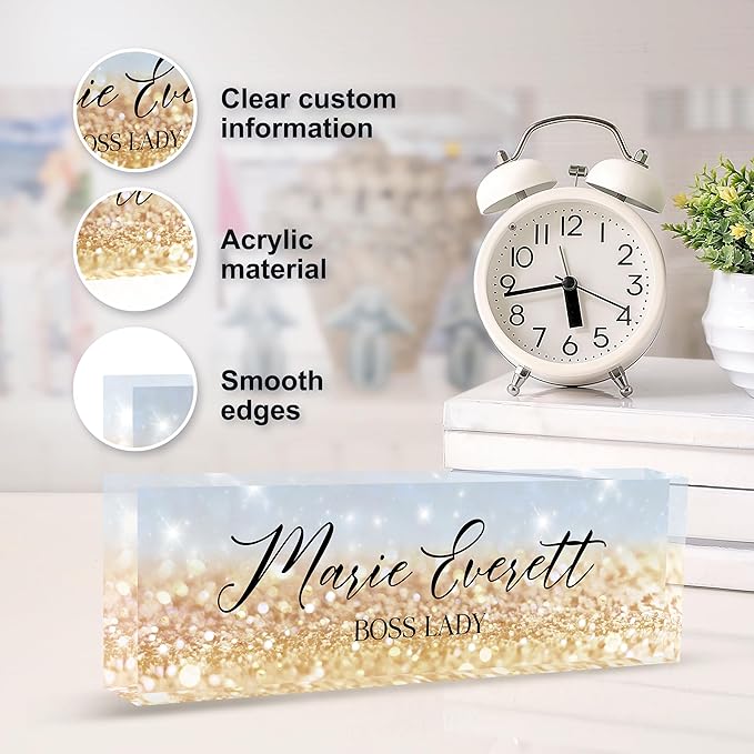 Custom Name Plate for Desk | Personalized Boss Employee Appreciation Gifts | Acrylic Office Accessories (A-Blue Gold Crystal)