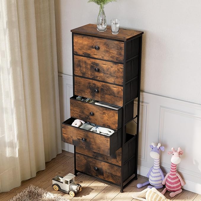Crestlive Products Tall Dresser, 7-Drawer Fabric Storage Tower, Chests of Drawers - Vertical Organizer Unit for Bedroom, Hallway, Entryway, Nursery, Closets -Wood Top & Handles (Rustic Brown)