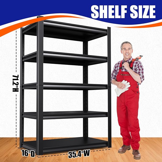 71"H-35"W Garage Shelving, 5-Tier heavy duty storage shelves, Adjustable Metal Shelving Unit, Utility Garage Organizer Shelf for Basement, Pantry, Warehouse, 15.7"D x 35.4"W x 71.2"H, Black