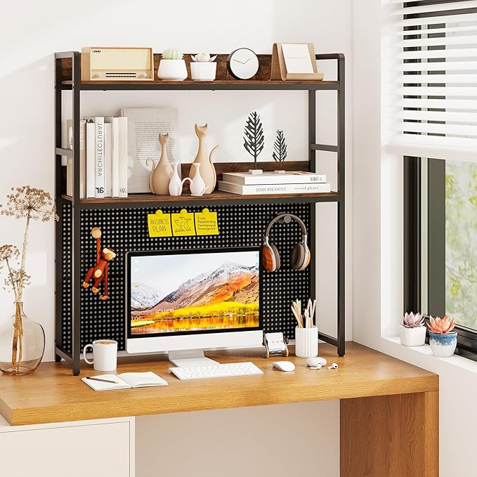 GOFLAME Desktop Bookshelf with Pegboard, 37 Inch Industrial Desk Hutch for Computer Monitor, 2-Tier Countertop Organizer Shelf with Safety Guardrails for Home Office, Dorm, Study, Rustic Brown