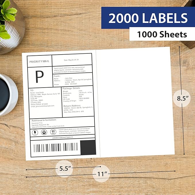1000 Sheet (2000 Labels) | 8.5" x 11" Half Sheet Self Adhesive Shipping Labels for Laser & Inkjet Printers | Ecommerce, Address, Mailing, Labeling, Packaging