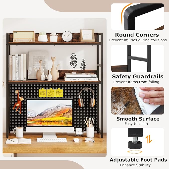 GOFLAME Desktop Bookshelf with Pegboard, 37 Inch Industrial Desk Hutch for Computer Monitor, 2-Tier Countertop Organizer Shelf with Safety Guardrails for Home Office, Dorm, Study, Rustic Brown