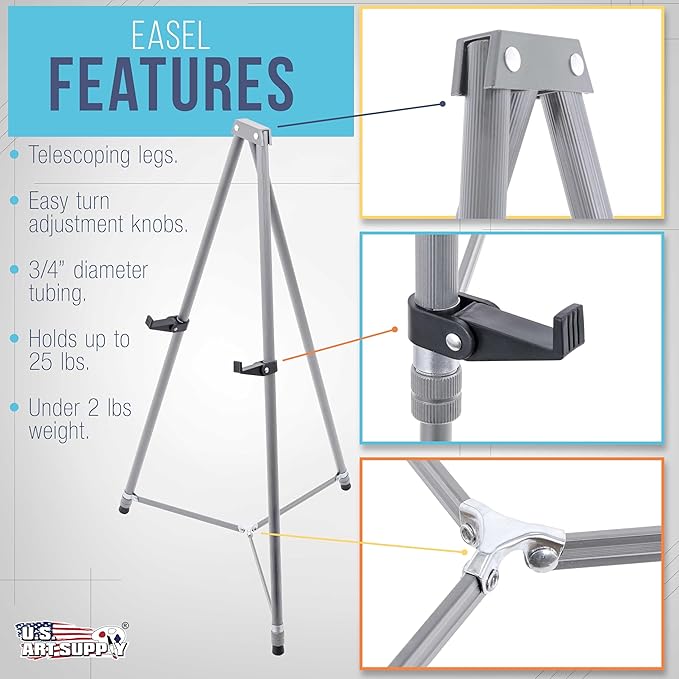 U.S. Art Supply 66" High Gallery Silver Metal Display Easel - Large Adjustable Height Portable Easel Stand, Sign Display, Holds 25 lbs - Floor & Tabletop Easels, Painting Stand