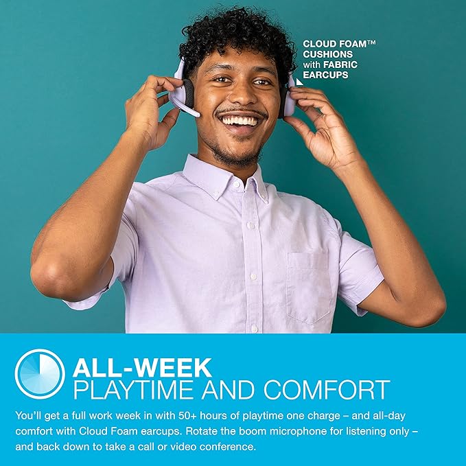 JLab Go Work Pop On-Ear Wireless Headset, Lilac, 50+ Hours Playtime, Bluetooth Multipoint, Rotating Boom Mic, Noise Canceling MEMS Microphone, Light-Weight and Portable, for PC/Mac or Mobile