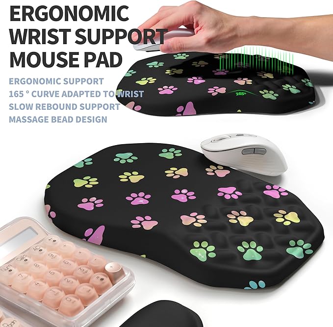 2-in-1 Ergonomic Set, Wave Keyboard Wrist Rest and Massage Slope Mouse Pad Wrist Support, Rebound Memory Foam for Relieve Carpal Tunnel Syndrome and Wrist Pain (Cute Cat Claws)