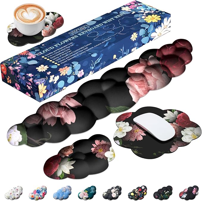 JIKIOU Cloud Wrist Rest Keyboard, Cloud Keyboard Wrist Pad Set with Comfortable Cloth, Cute Arm Rest for Palm Support, PC/Gaming Desk Accessories/Office Setup/Computer Hand Cushion Multicolored Peony