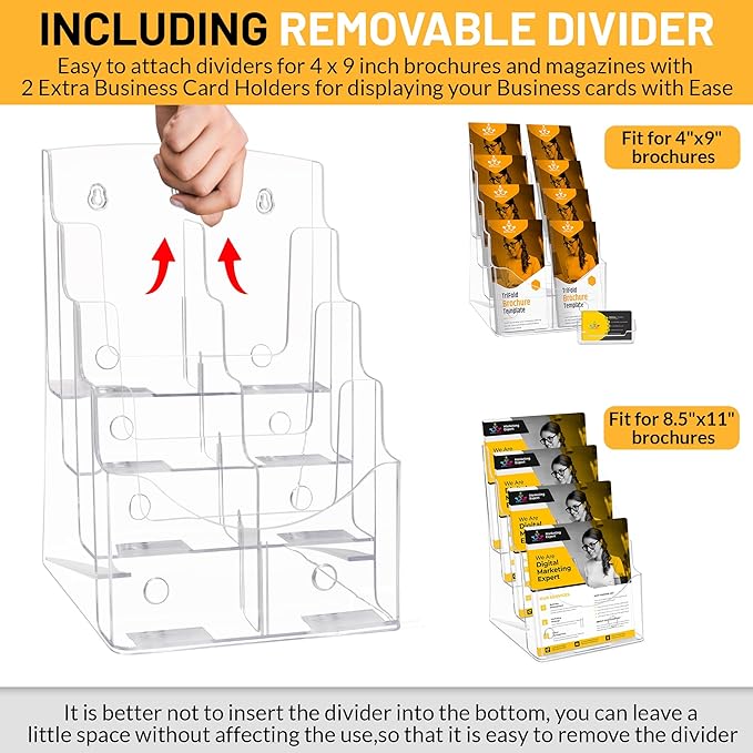 Acrylic Brochure Holder 8.5 x11”, 4 Tier Clear Literature Magazine Stand with Removable Divider for 4 x 9 Pamphlet Display Brochure with Business Card Holders- Wall Mount & Countertop