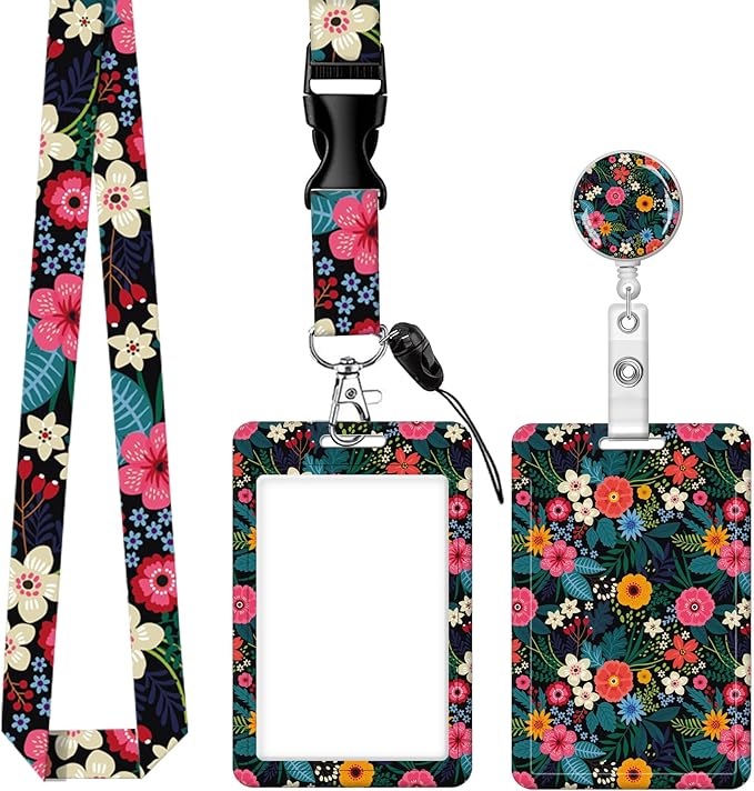 BLOCIT ID Badge Holder with Lanyard and Retractable Badge Reel Clip, Cute Card Name Tag Lanyard Vertical ID Protector Bage Clips for Nurse Doctor Teacher Student（Colorful Flowers and Leaves）