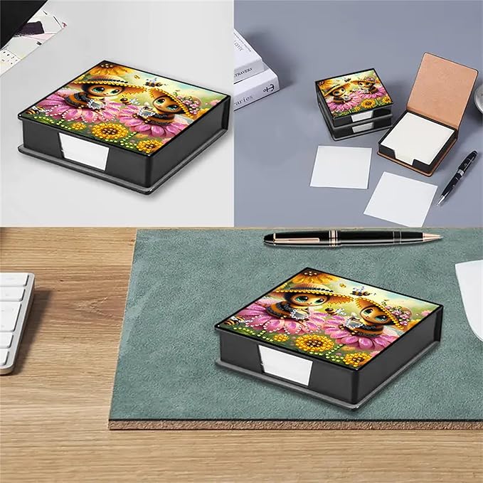 Bee Diamond Painting Note Box Memo Pad Holder, Diamond Art Sticky Notes Organizer for Desk, Aesthetic Stationery Storage Case for Office,School Supplies (Bee)