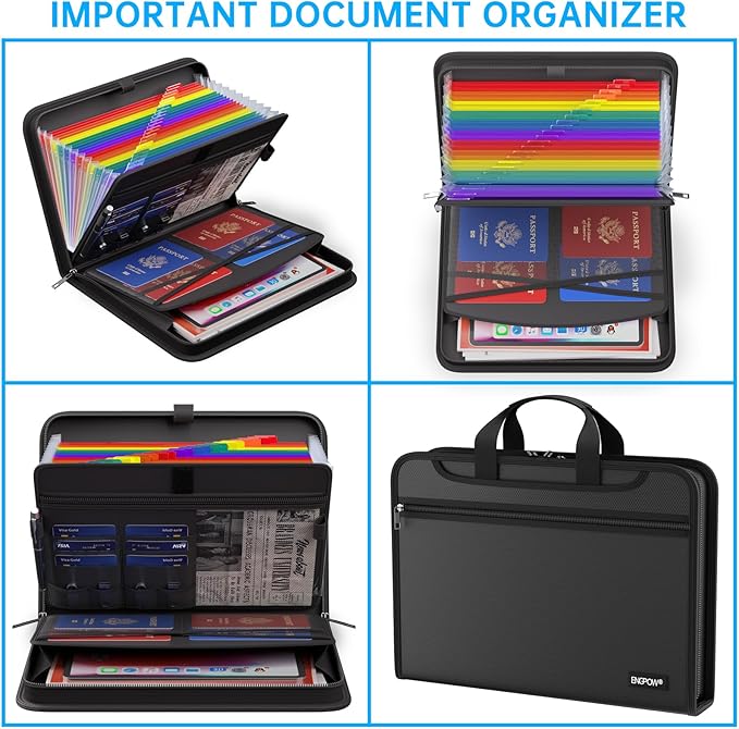 ENGPOW Accordion File Organizer,Fireproof Expanding File Folder with Colorful Pockets,25 Pockets Document Organizer with Handle & Labels,Portable Home Travel Safe Storage for Letter A4 Files,Black