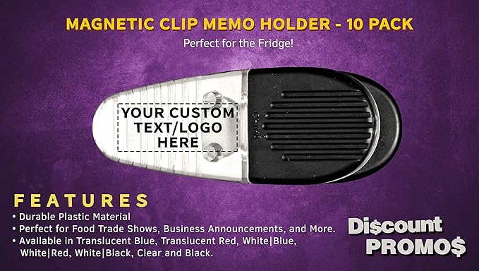 10 Magnetic Memo Holders Set - Customizable Text, Logo - Large Clip, Plastic - Clear
