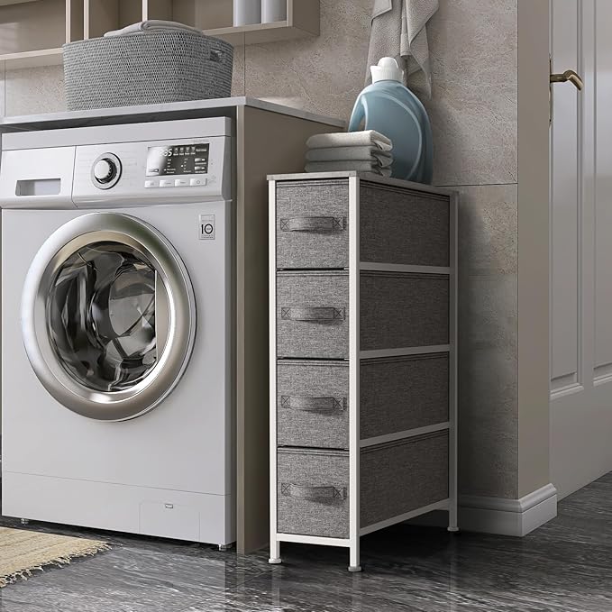 Sorbus Narrow Dresser with 4 Drawers - Vertical Slim Storage Chest of Drawers with Steel Frame, Wood Top & Easy Pull Fabric Bins for Small Spaces, Closets, Bedroom, Bathroom & Laundry (Gray)