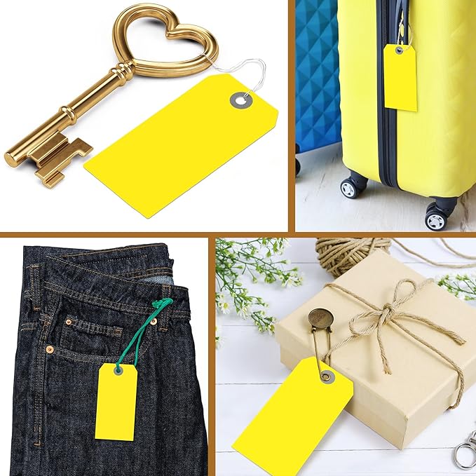 1000 Pcs Blank Manila Shipping Tags with Wire 4 3/4" x 2 3/8" Paper Hang Luggage Price Asset Gift Label Key Tags (Bright Yellow)