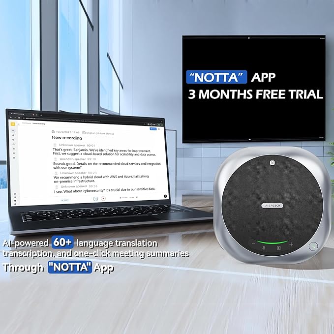AISPEECH Bluetooth Conference Speakerphone M6 Conference Microphone with AI Noise Reduction AI Transcription Full-Duplex 360° Omnidirectional Voice Pickup USB Speaker for Teams Zoom Home Office, Black