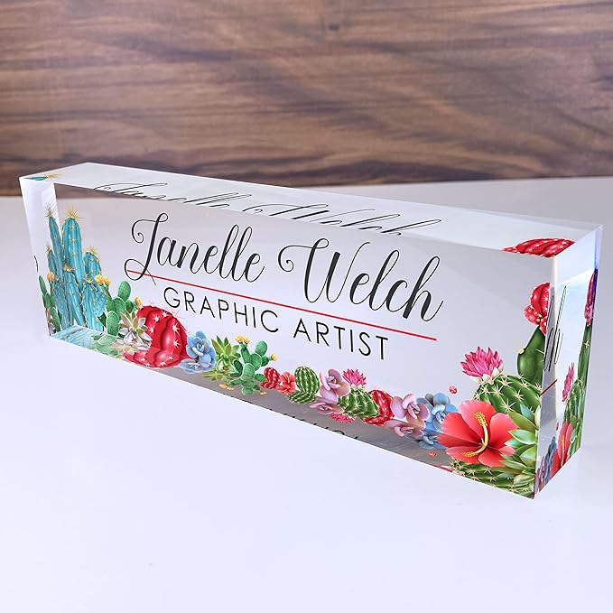 Artblox Office Desk Name Plate Personalized | Custom Name Plates for Desks | Cactus Design On Clear Acrylic Glass | Cute Office Desk Accessories Customized Gifts - (8" x 2.5")