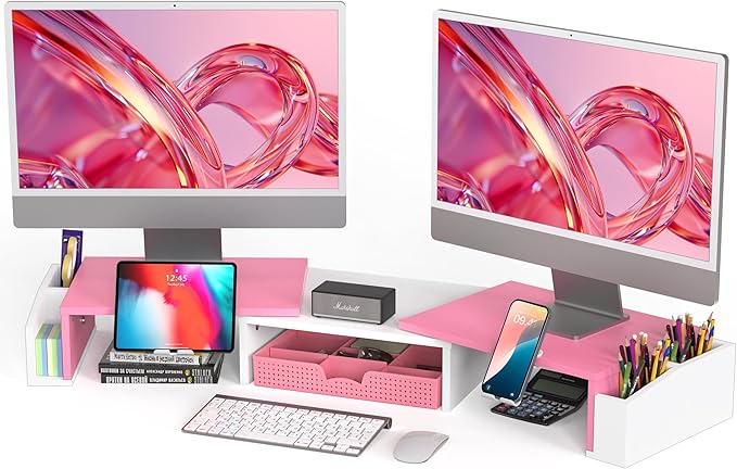 Simple Houseware Desk Dual Monitor Stand Riser with Drawer, Pink