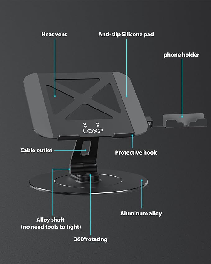 Adjustable 10-17.3" Laptop Stand for Desk with Larger Base & Phone Holder, Aluminum Desktop Organizer for Laptops, Ergonomic Laptop Riser Fits MacBook, HP, Dell, All Laptops
