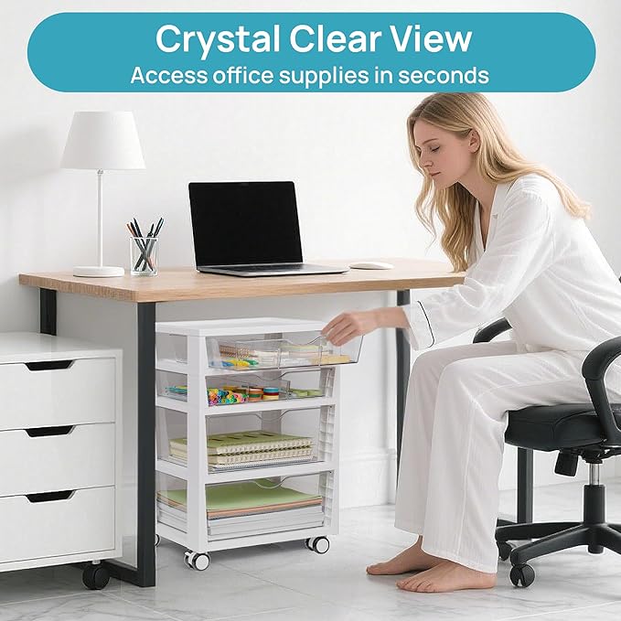 Vtopmart Plastic Drawer Storage Rolling Cart with Wheels, 4-Tier Drawer Organizer for Art Crafts Supplies, Home Office Supplies, Toys, Under Desk Storage for Office, Craft Room, Bedroom, Classroom