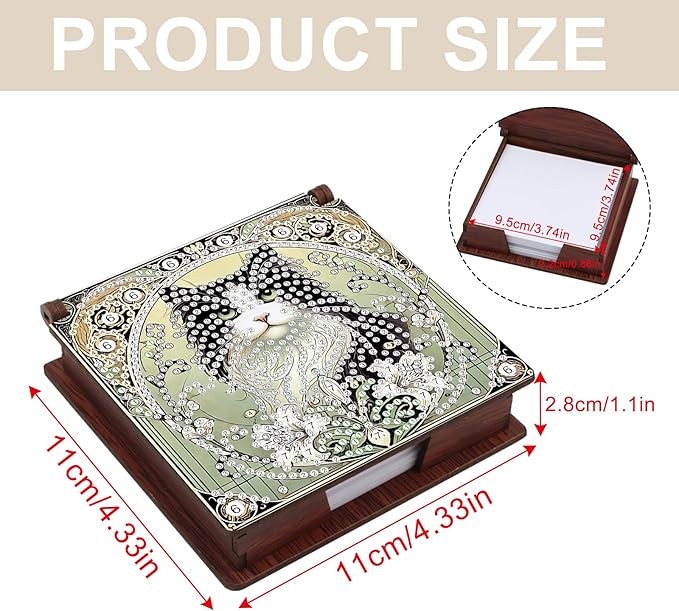 Wooden DIY Black White Cat Diamond Art Notecard Box – DIY Gem Art Sticky Note Holder for Adults 160 Sheets Memo Pad Storage