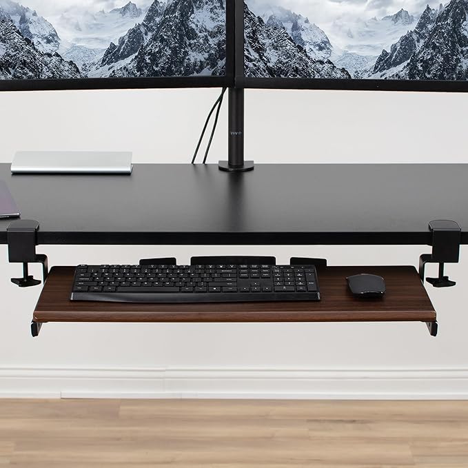 VIVO Large Clamp-on Computer Keyboard and Mouse Under Desk Slider Tray, 27 x 11 inch Pull Out Platform Drawer, Dark Wood, MOUNT-KB05D