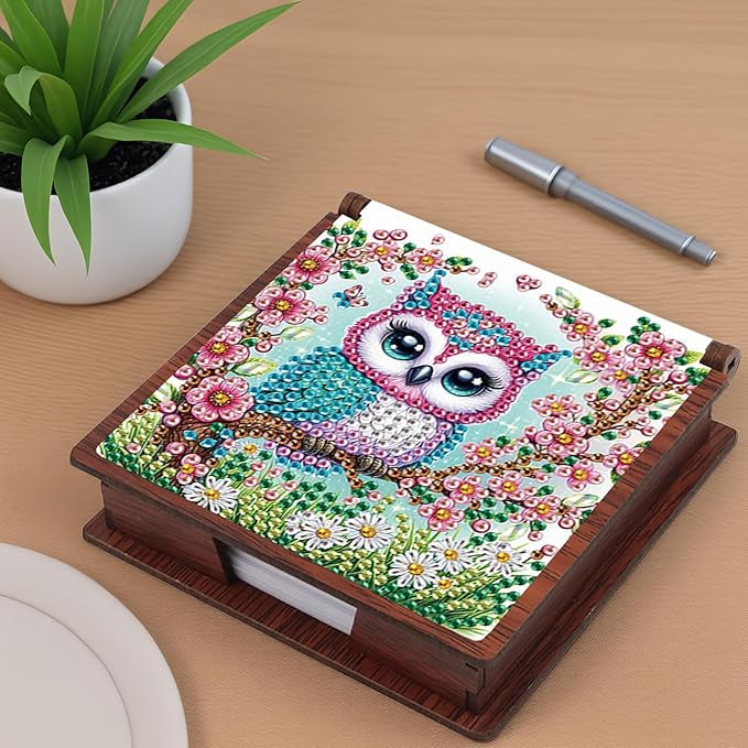 Wooden DIY Owl Diamond Art Notecard Box – DIY Gem Art Sticky Note Holder for Adults 160 Sheets Memo Pad Storage Desk